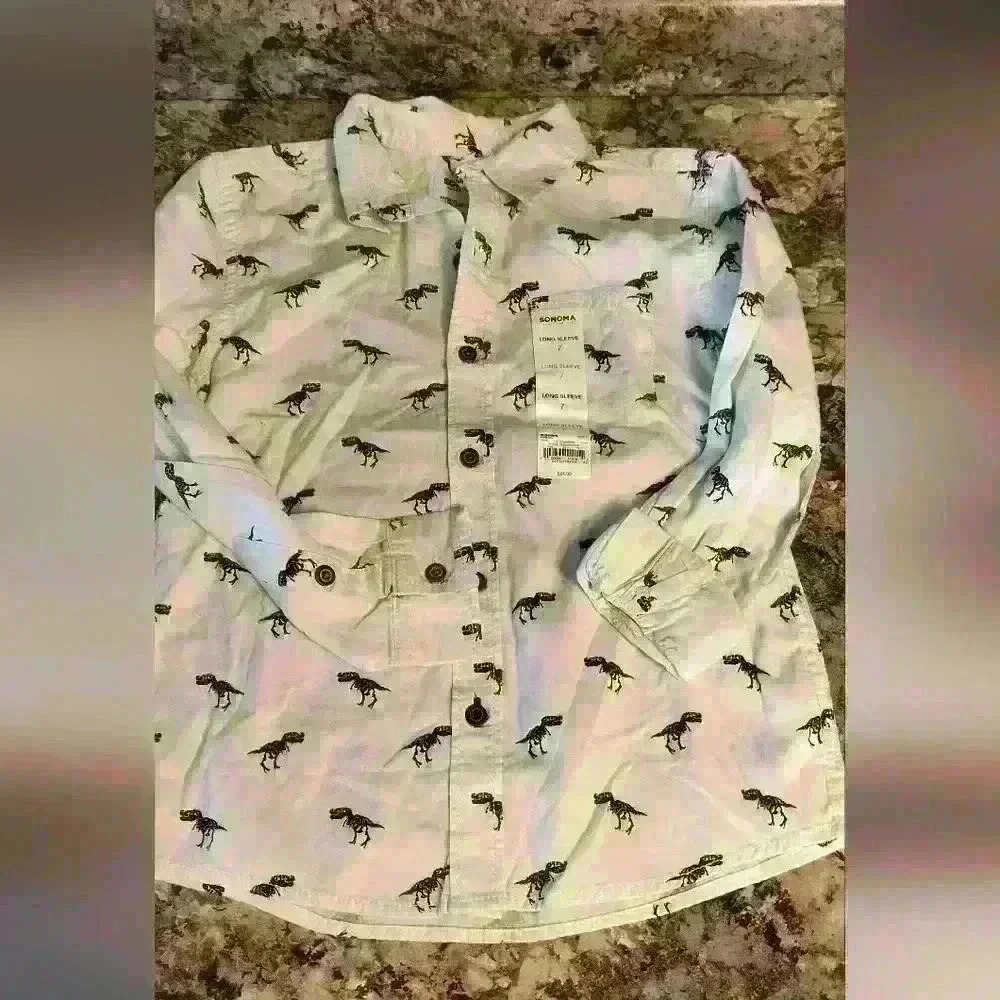 White And Blue Dinosaur Boys Button Up Long Sleeve Polo Style Shirt Sonoma Size